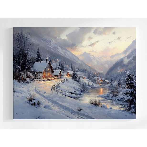 Plakát Zimní Krajina Domky Řeka Hory Sníh Zima 100x75