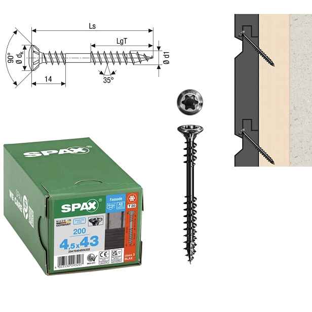 Šrouby do dřeva Spax A2 Tx 4,5 x 43 mm 200 ks Černé