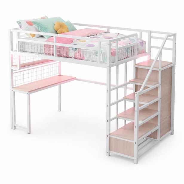 CHICFURN VYVÝŠENÁ POSTEL 140/200 cm v bílé barvě s úložnými schody a psacím stolem