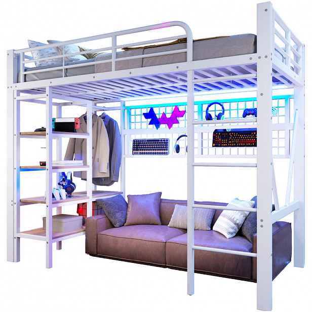 Redom VYSOKÁ postel 90/200 cm s LED osvětlením, USB portem, psacím stolem a úložným prostorem, Bílá
