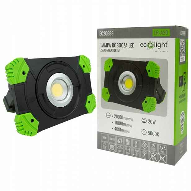 Halogenový Led reflektor Stavební akumulátorový 20W 5000K Přenosný kabel