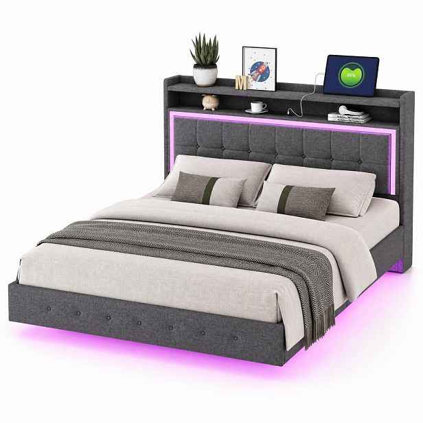 CHICFURN ČALOUNĚNÁ POSTEL 140/200 cm v šedé barvě z lněné látky s LED osvětlením a USB