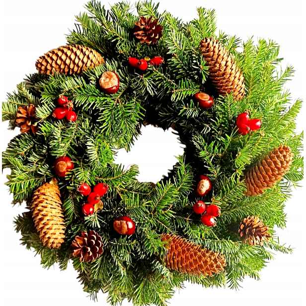 Dekorace, věnec, živý s kaštany, na hrob, Vánoce 50 cm [BN-G21]