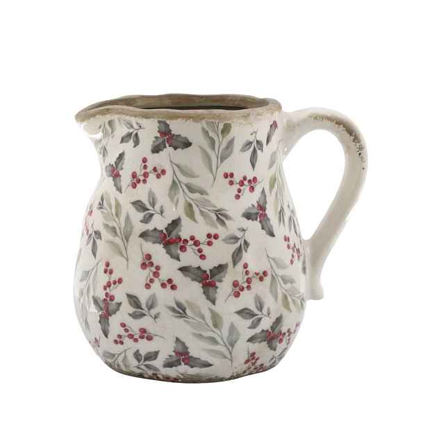 Béžový baňatý keramický džbán s cesmínou Holly - 13*16*15,5 cm Chic Antique