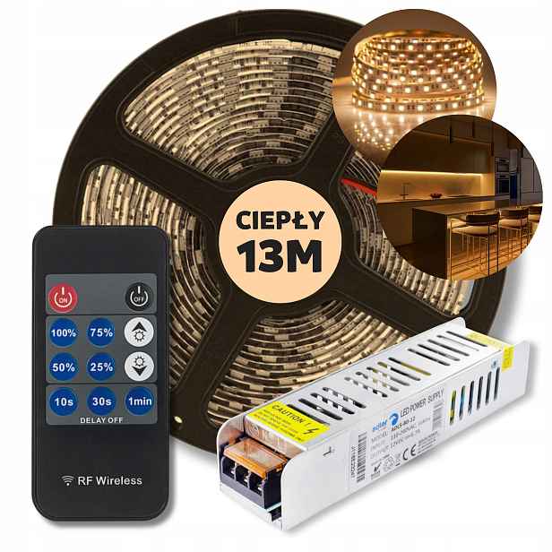 Set 13 m Led pásek Smd bílý teplý napájecí zdroj dálkový ovladač 12 V