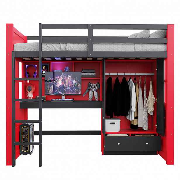 FLIEKS VYVÝŠENÁ POSTEL 90x200cm Gaming Stůl Úložný Červená