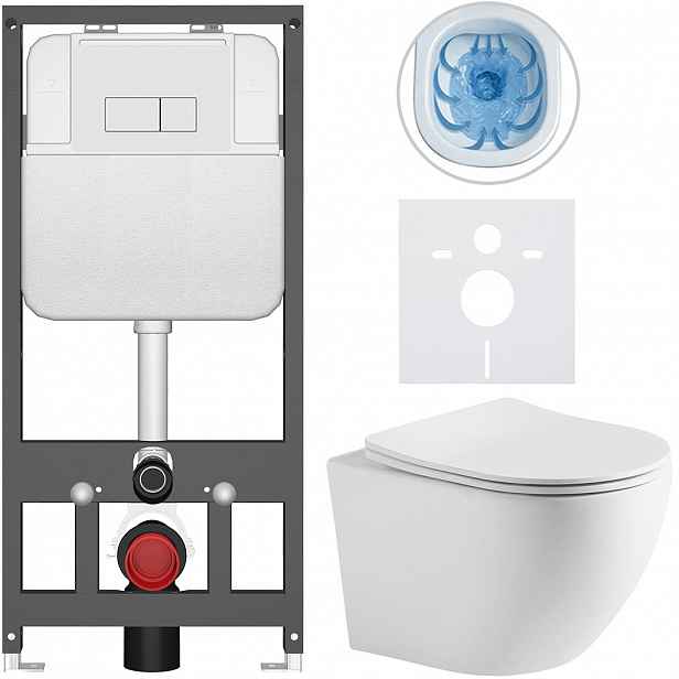 Kompletní WC set Basic/Cesso - bílá matná - WC tlačítko Modulo/Bílá - závěsné - předstěnová instalace - 49x36 cm - 8050BD86273