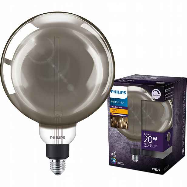 Led žárovka Philips E27 Kula G200 6.5W 20W 1800K Filament Vintage Kouřová