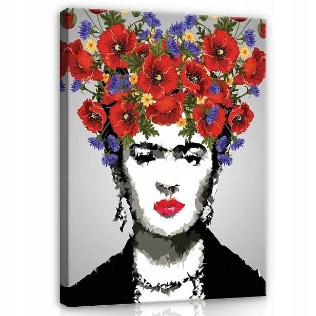 Obraz 75x100 Frida Kahlo portrét květiny máky chrpy umění Mexiko