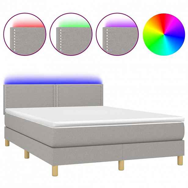 vidaXL Box spring postel s matrací a LED světle šedá 140x190 cm textil