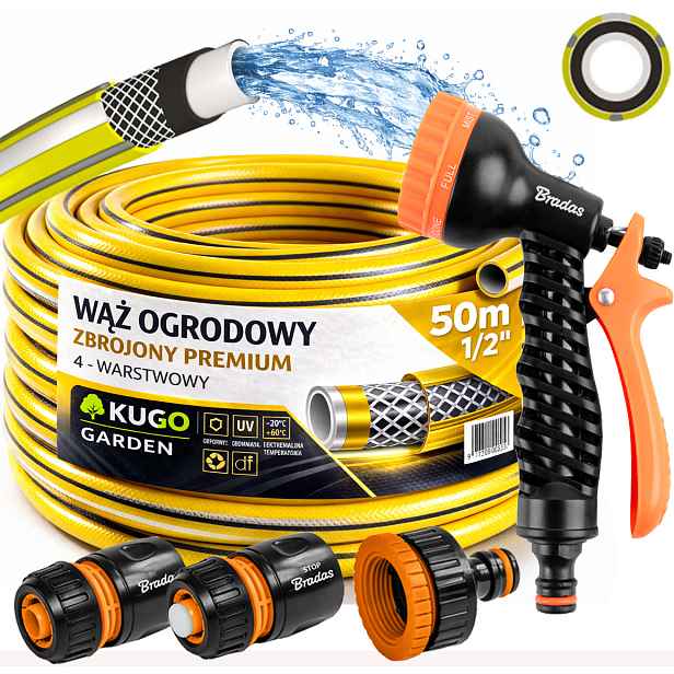 Hadice 1/2" 50 m 4 Vrstvy Premium Gun Spojky Set Bradas