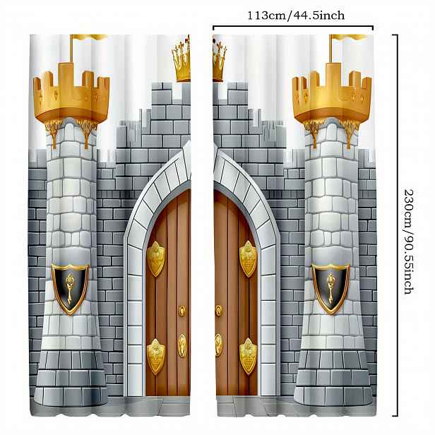 TEMU 2ks Středověký hrad Tapeta Závěsy - Královské Rytířské Štíty a Design, Poloprůhledný Polyester, Tyčová pro Snadné Zavěšení, Perfektní pro