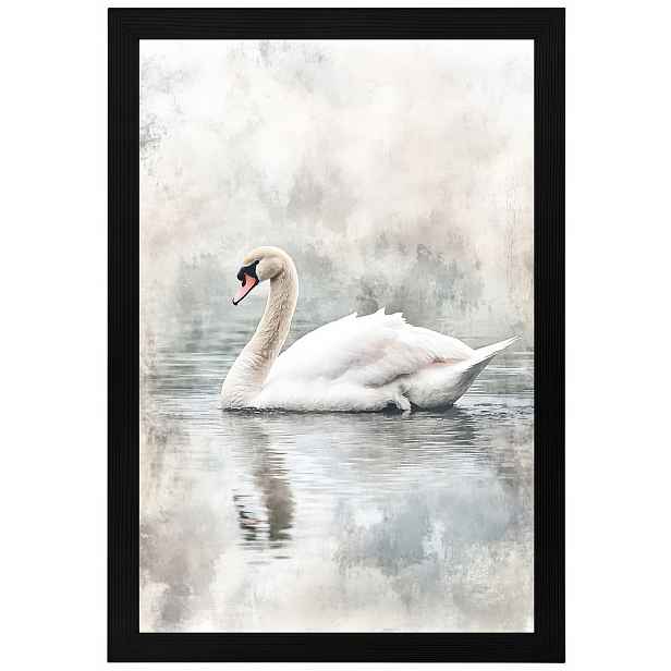 Plakát Rámeček Dřevo Příroda Jezero Rybník Pták Labuť Mlha Šedá 40x60