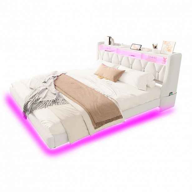 Redom ČALOUNĚNÁ postel 180/200 cm s LED osvětlením, USB, Type-C, zásuvkou a úložným čelem, béžová