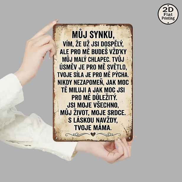 TEMU 2D plochá kovová nástěnná plaketa s upřímným poselstvím matky k synovi, navržená ve vintage rustikálním stylu . Tato 1ks nástěnná dekorace je