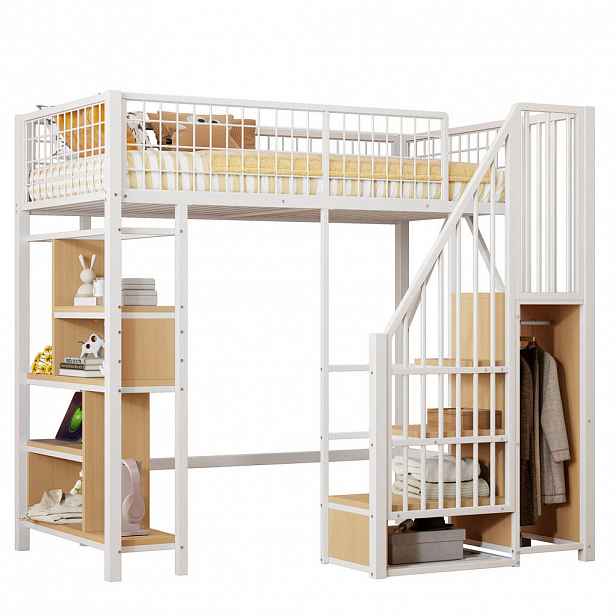 CHICFURN VYVÝŠENÁ POSTEL 90/200 cm v bílé barvě se schody a úložným prostorem