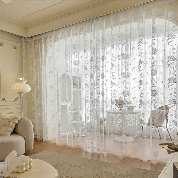 TEMU 1 ks Elegantní bílá květinová pruhovaná závěs, dámský styl, roztomilý a sladký, na tyč pro snadné zavěšení, vhodný do obývacího pokoje, balkonu,