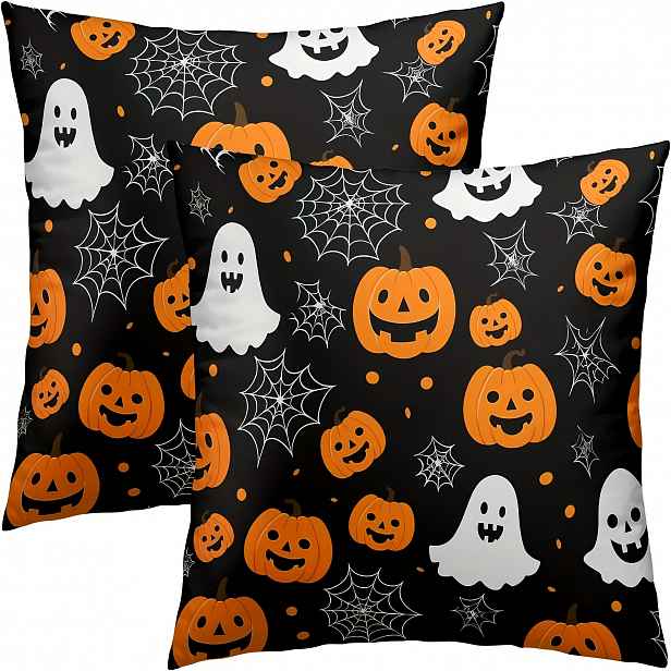TEMU 2ks polyesterové povlaky na polštáře s halloweenským - Duchové a dýně s akcenty pavučiny, 40/45/50cm, pratelné v pračce, se zipem pro pohovku,