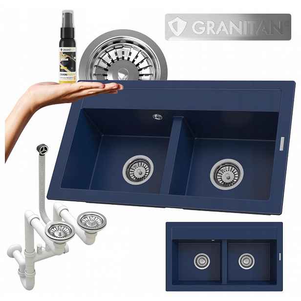 Granitový Dvojitý Dřez Tmavě Šedý (granátový) Dřez Sifon Chromový Set