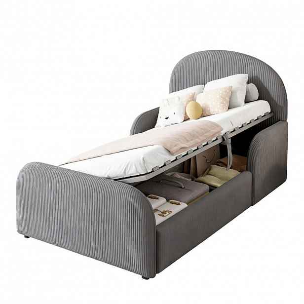 CHICFURN DĚTSKÁ ČALOUNĚNÁ POSTEL 90/200 cm v šedé barvě s hydraulickým úložným prostorem ze sametu