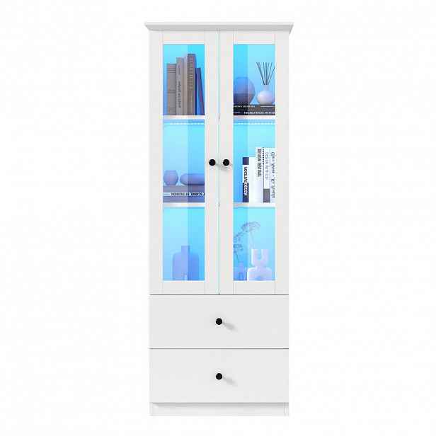 Modfu VITRÍNA z MDF a dřevotřísky 60x165x35,5 cm bílá s LED, USB, skleněnými dvířky a 2 zásuvkami