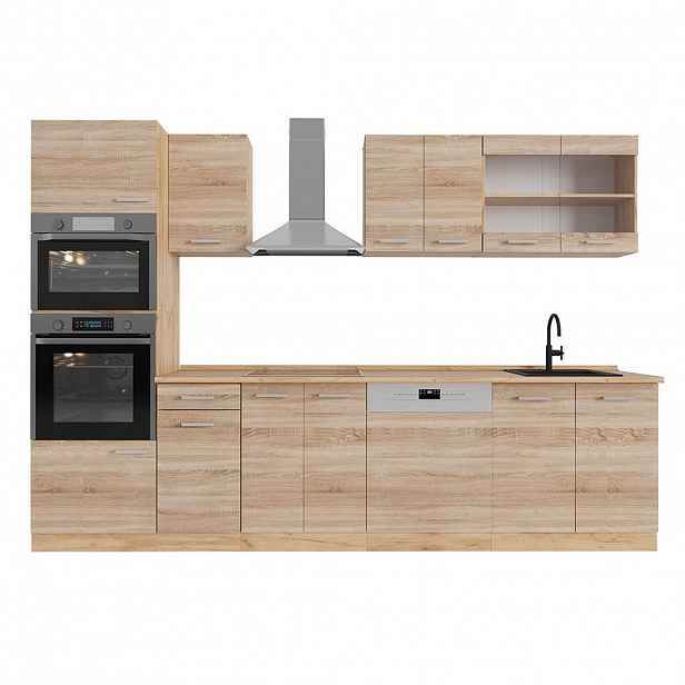 Vicco KUCHYŇSKÝ KOUT R-Line Dub Sonoma/Goldkraft 300 cm s vysokou skříní, PD Dub