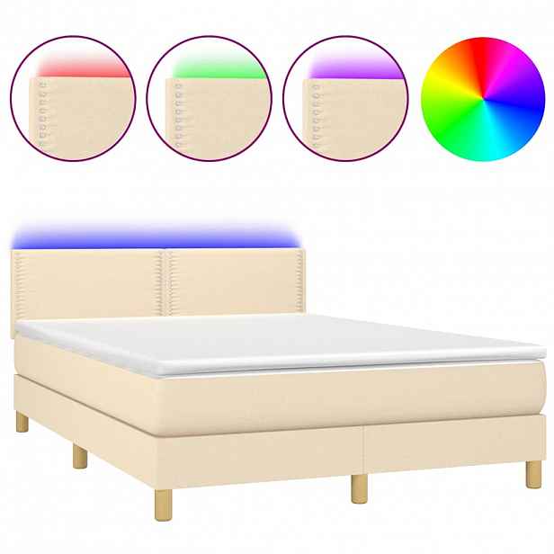 vidaXL Box spring postel s matrací a LED krémová 140x200 cm textil
