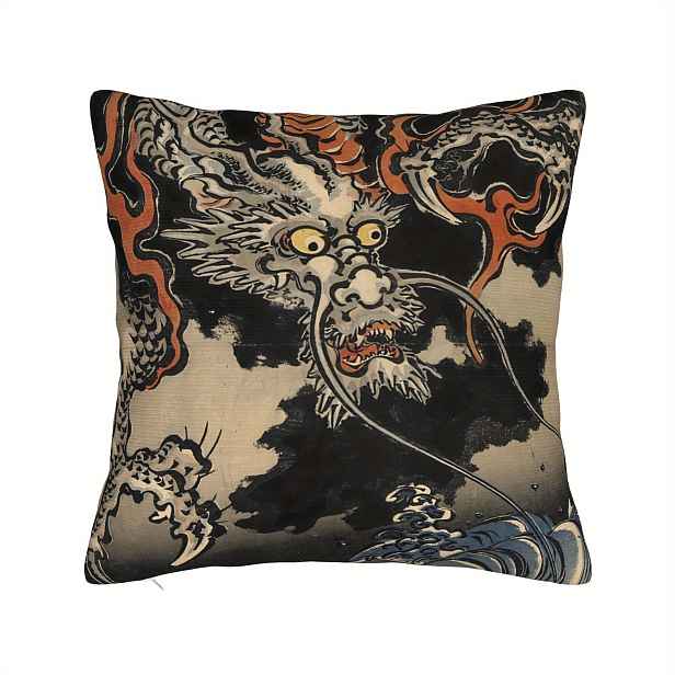 TEMU 2D plochá - 2D potisk design Utagawa Kuniyoshi a vlny povlak na polštář pro dekorativní potahy pohovky