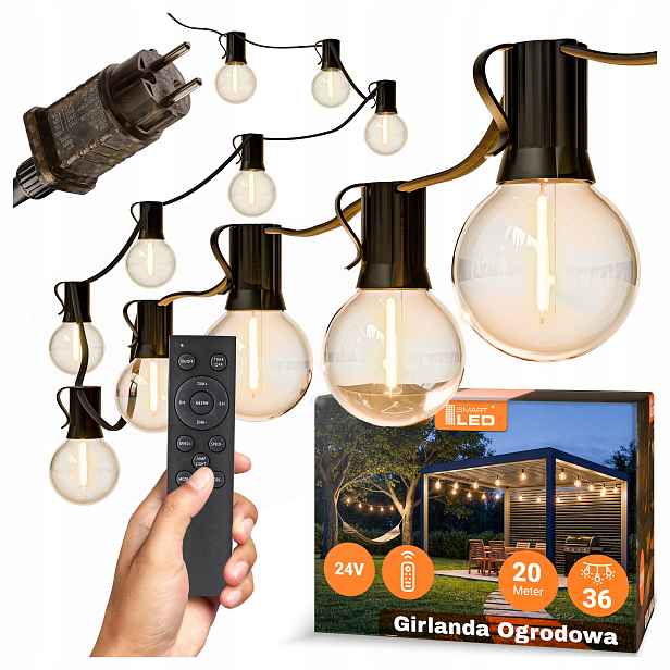 Zahradní Světelná Girlanda 20 m 36X Led žárovka E12 Dálkový Ovladač Stmívatelná Řetěz
