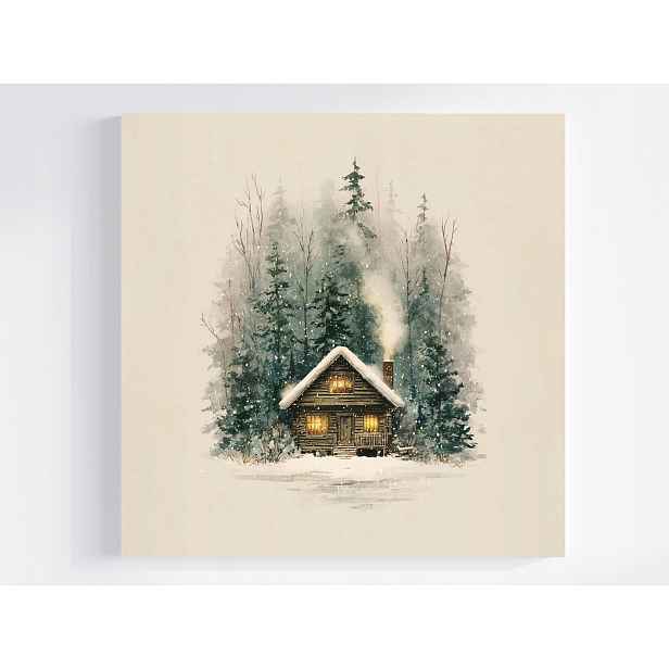 Obraz Na Plátně Canvas Krajina Les Dům Chata Zima Sníh Večer Retro 50x50