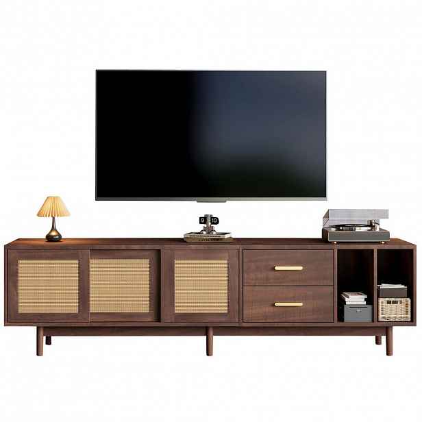 OKWISH TV stolek 190/40/52 cm hnědý z MDF s ratanovými dvířky a velkým úložným prostorem