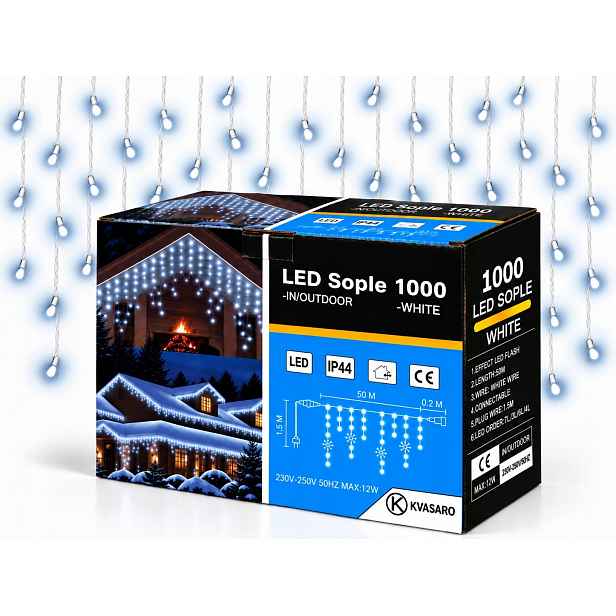 Rampouchy 1000 Led Záclona Venkovní Osvětlení IP44 Bílá Studená Studená Flash 50 M