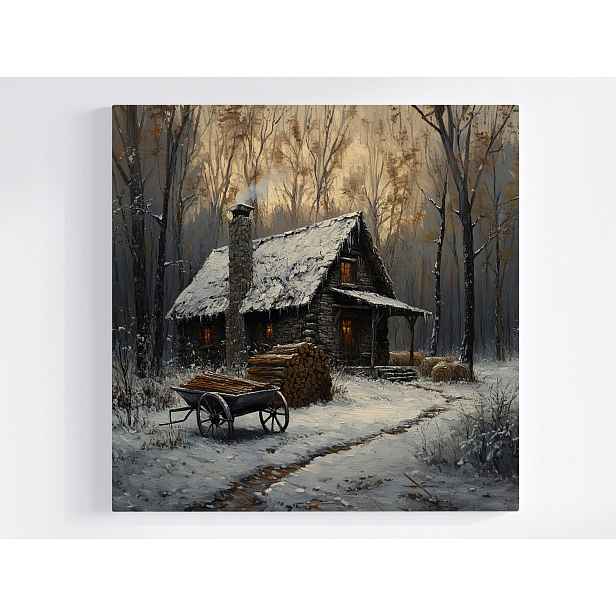 Obraz Na Plátně Plátno Výhled Dům Chata Les Zima Sníh Seno Dřevo 50x50