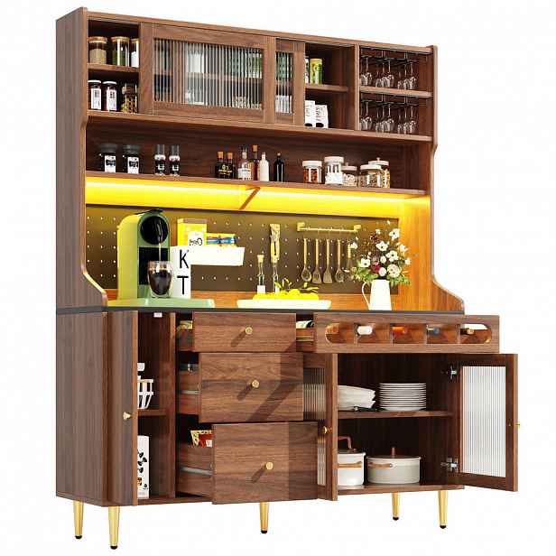 OKWISH VYSOKÁ skříň 145/39/171 cm ořechová z MDF, skla a kovu s LED osvětlením