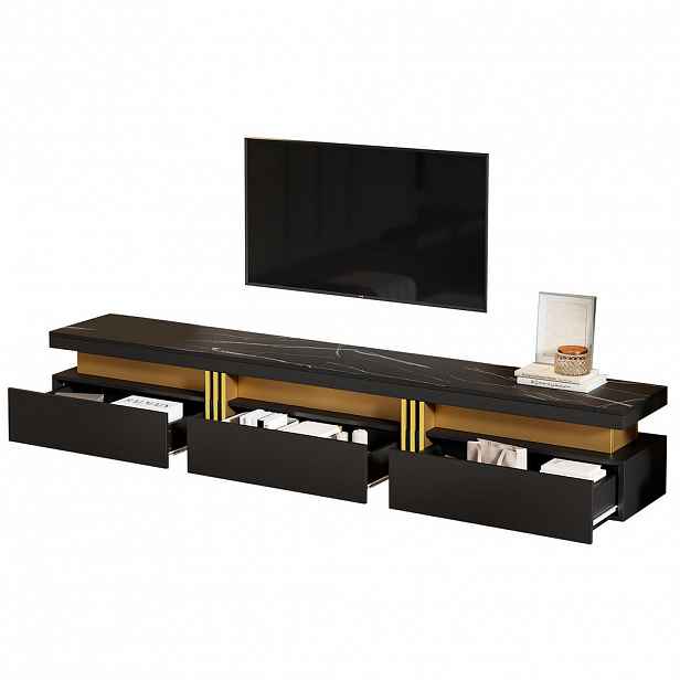OKWISH TV stolek 200/40/42 cm černý z dřevotřísky se 3 zásuvkami a vedením kabelů