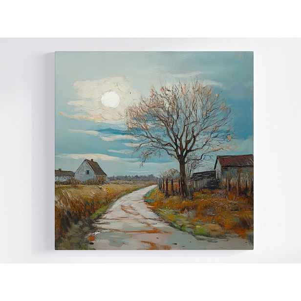 Obraz Na Plátně Canvas Krajina Vesnice Domy Dřevo Cesta Slunce Pole 50x50