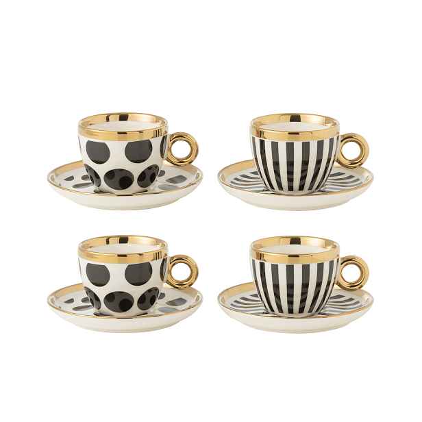 Set 4ks bílo-černý šálek s podšálkem se zlatými detaily Hollywood - Ø 13*8 cm J-Line by Jolipa