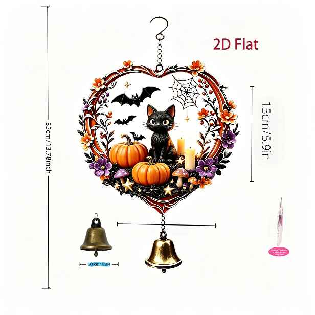 TEMU 2D Akrylový Věnec ve Tvaru Srdce s Ozdobou Zvonkohry Černé Kočky, Dýní, Netopýrem a Pavučinou jako Halloweenský Prvek, Vintage Odolný Kovový