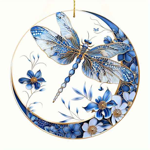 TEMU 2D plochá, bohémská 8~8 cm akrylová , modrobílý porcelánový design, multifunkční dekorace na zavěšení do okna, pro domov, kancelář, zahradu,