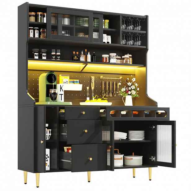 OKWISH VYSOKÁ skříň 145/39/171 cm černá z MDF a skla s LED osvětlením a držákem na víno