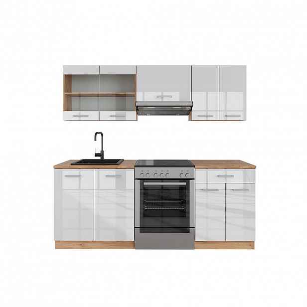 Vicco KUCHYŇSKÝ KOUT R-Line Bílý vysoký lesk/zlatý dub power 200 cm , PD Dub
