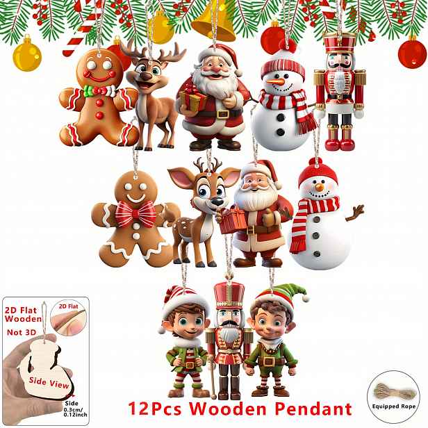 TEMU 2D plochý - 2D plochý - Dárek pro ni/pro něj 2D plochý - 12dílná vánoční sada dřevěných přívěsků, Santa Claus, Pečený panák, Sněhulák, Lyska,