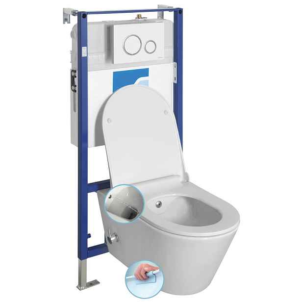 Sapho Závěsné WC AVVA CLEANWASH , integr. baterie a bidet. sprška s podomítkovou nádržkou a tlačítkem Schwab, bílá