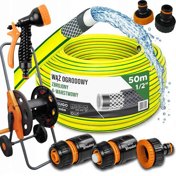 Hadice 1/2" 50 m 4 Vrstvy Pistole Vozík Set Bradas