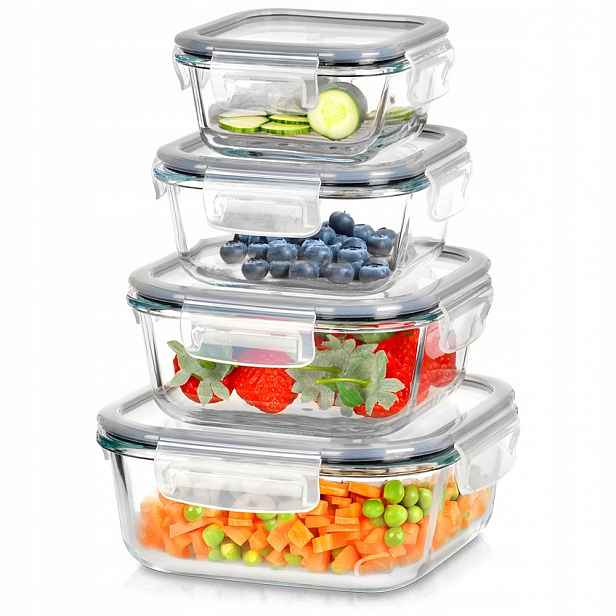 Skleněné nádoby na potraviny s víkem a těsněním, čtvercové, 4 ks