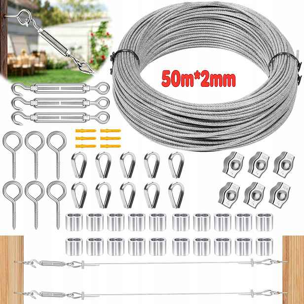 Lano Komplet 50 M/2 MM Zahradního Kabelu Z Nerezové Oceli S Napínáky