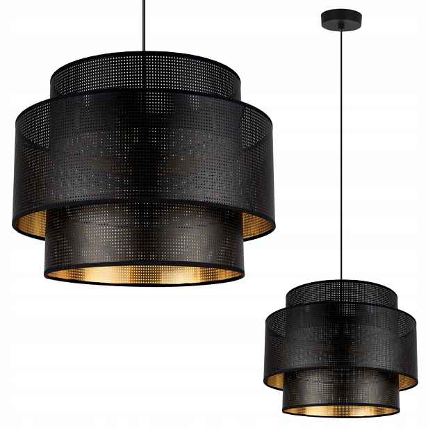 Závěsná Stropní Lampa Lustr Černá, Ažurové Stínidlo Glamour, Zlatá, 35 CM
