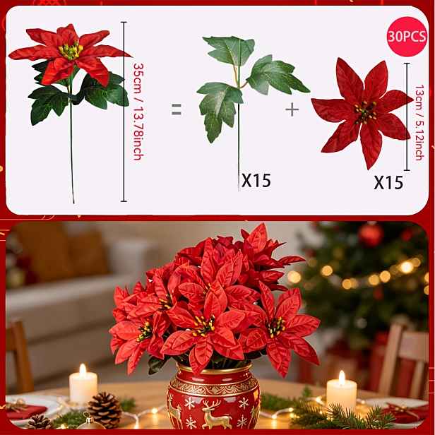 TEMU 30 ks realistických červených umělých květin, vysoce kvalitní vánoční umělé květiny Poinsettia, dekorace z umělých květin na sváteční akce,