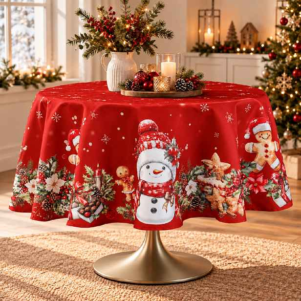 Vánoční ubrus na stůl XMAS PARTY červený Ø 150 cm