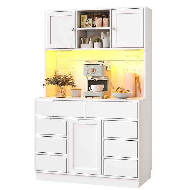 Modenvie BUFFET skříň z MDF, 120/40/183,5 cm bílá, s LED osvětlením a 8 zásuvkami